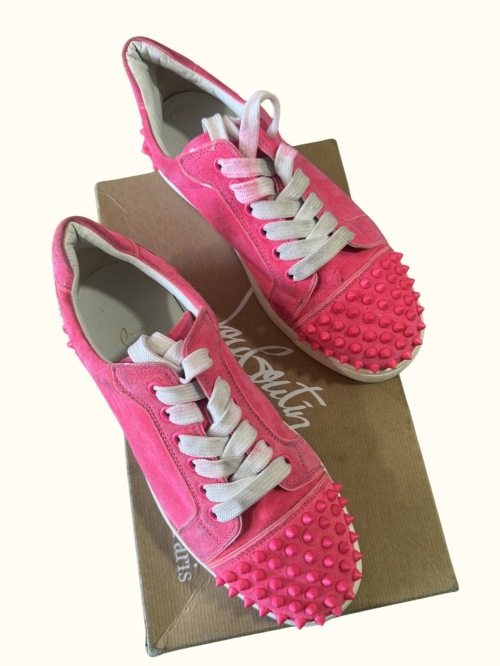 Christian Louboutin Vieira 2 Flat Spiked Sneakers Pink Suede Women’s Size 37